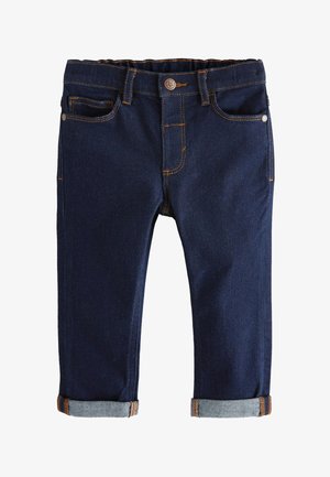 Ciemnoniebieskie dżinsy dla malucha z podwiniętymi mankietami, przednimi kieszeniami, szlufkami na pasek i metalowym zatrzaskiem.