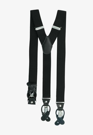 Black elastic suspenders with a ribbed texture, featuring silver metal clips and a leather center patch for added support and style.