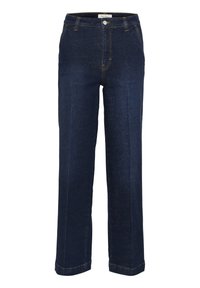 Pantalones de mezclilla anchos de color azul oscuro con una talle alto, costuras claras, bolsillos frontales y cierre de botón. Diseño limpio y sin adornos.