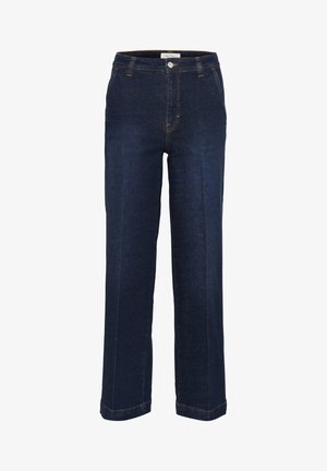 Dark blue denim wide-leg trousers with a high waist, light stitching, front pockets, and a button closure. Clean, unembellished design.