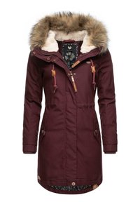Burgundy waterproof parka with faux fur hood, drawstring waist, and two side pockets. Lined with patterned fabric. Features toggle and zipper closure.