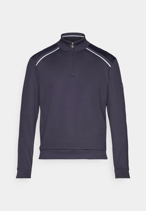 Marinefarbener Pullover mit Reißverschlusskragen, langen Ärmeln und kontrastierenden Schulterakzenten. Weiches Material und taillierte Passform für Komfort und Bewegungsfreiheit.