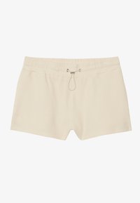 Bañador de color beige claro con un patrón texturizado y tejido, cintura elástica con cordón y corte rectangular clásico.