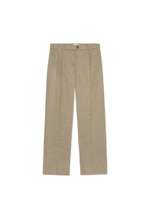 Pantalones beige de pierna ancha hechos de un material texturizado. Presentan un cierre frontal con botón y dos pliegues verticales en la parte delantera.