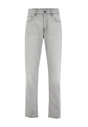 Light grey denim jeans with a straight leg design, button closure, and five pockets. Smooth texture with subtle fading details.