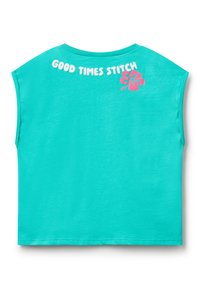 Turquoise crop top featuring short sleeves, round neckline, and text "GOOD TIMES STITCH" with a pink flower design on the back.