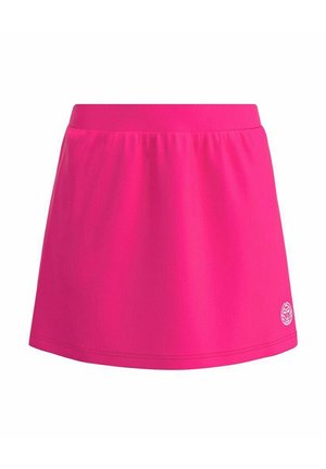 Rosa Rock aus glattem Material, mit einem elastischen Bund, schwingendem Design, knielang und mit einem kleinen Logodetail am unteren Ende.