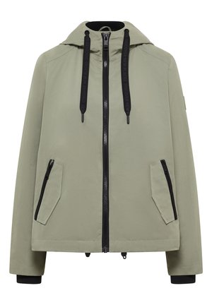 Lichtgroene gewatteerde jas met capuchon, zwarte ritssluiting aan de voorkant, verstelbare zwarte trekkers, ritssluitingen opzij en zwarte binnenmanchetten.