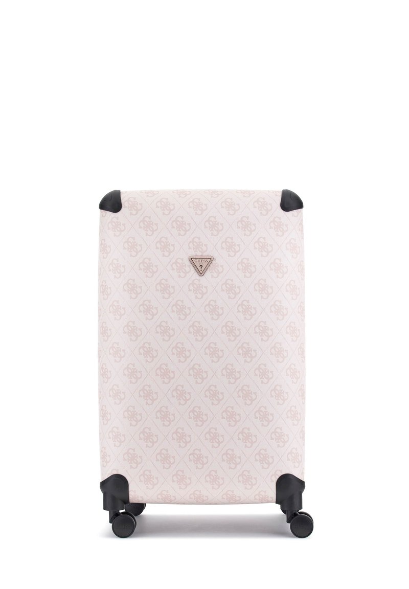 Valigia rigida rosa chiaro con un design decorato, dotata di accenti neri e ruote, e un dettaglio centrale con logo.