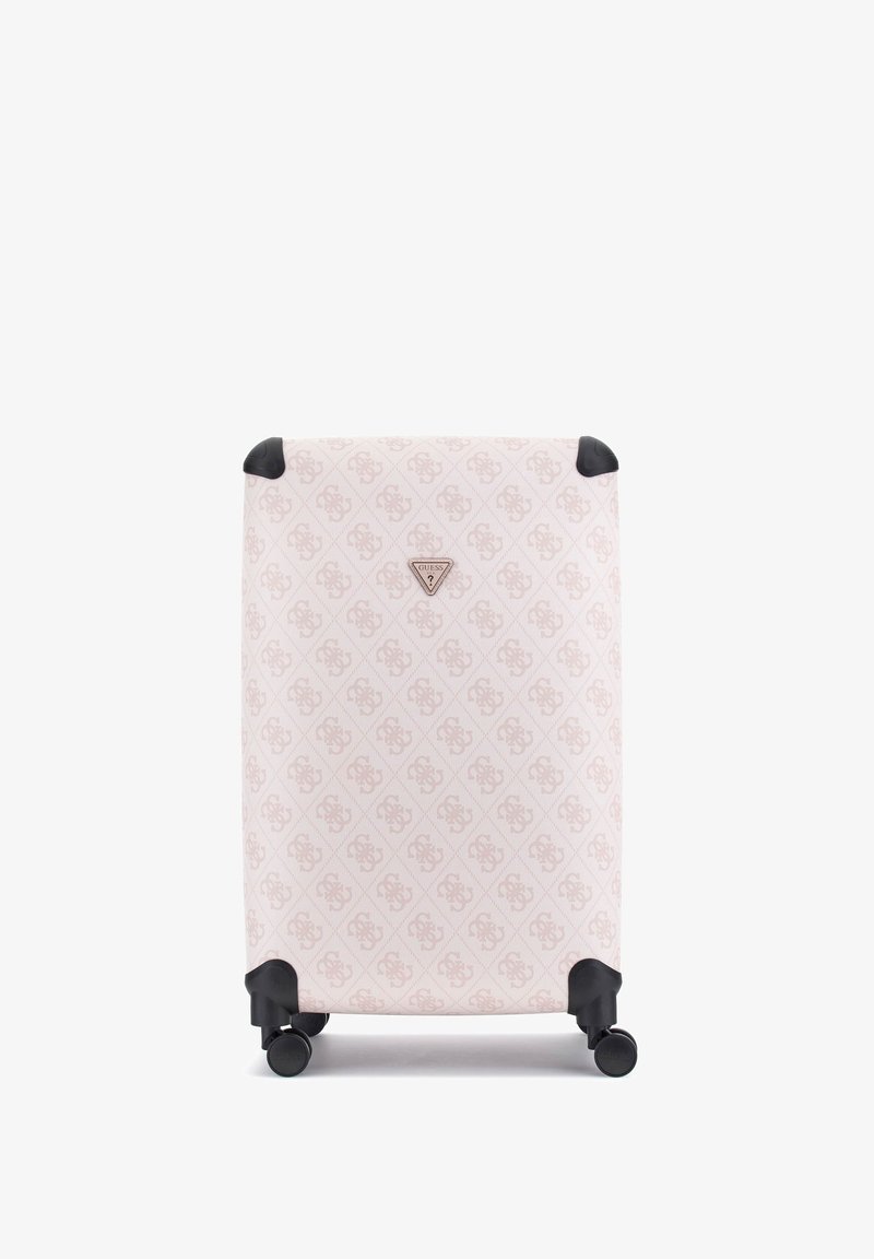 Jasnoróżowa twarda walizka z wzorzystym wzorem, z czarnymi akcentami i kółkami oraz centralnym logo.