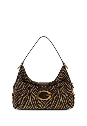 Petit sac à main avec des rayures zèbre marron et beige, une lanière en cuir marron foncé et une grande boucle dorée avec le logo "G" à l'avant.