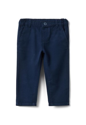 Marineblaue Kinderhose mit elastischem Bund, Knopfverschluss, Gürtelschlaufen und Vordertaschen auf weißem Hintergrund.