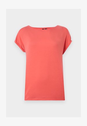 Koralo spalvos trumpomis rankovėmis marškinėliai su laisvu kirpimu, apvaliu iškirpimu ir lygiu paviršiumi. Nėra matomų raštų ar detalių.