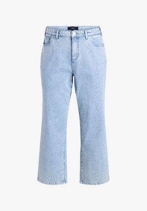 Šviesiai mėlynos džinsinės plėstinės kelnės su vertikaliomis juostelėmis, sagos ir užtrauktuko uždarymu bei penkiomis kišenėmis. Baigtos hemuotos krašteliais.