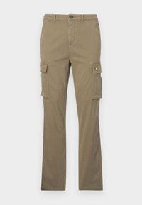 Khaki cargo pants made of cotton with straight legs, two side pockets, and a small yellow logo patch on the left pocket.