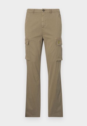 Khaki cargo pants made of cotton with straight legs, two side pockets, and a small yellow logo patch on the left pocket.