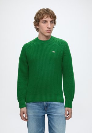 Uomo con capelli ricci che indossa un maglione verde lavorato a maglia e jeans azzurri, in piedi davanti a uno sfondo bianco uniforme.