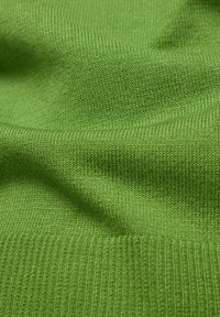 Grüner Strickstoff mit einem strukturierten, gerippten Muster. Das Material ist glatt und weich und weist durchgehend gleichmäßige Nähte auf.