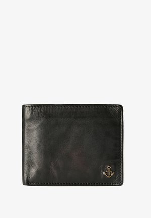 Schwarze Lederbrieftasche mit glatter Textur, Klappdesign und einem kleinen metallischen Anker-Emblem auf der Vorderseite. Gesäumte Kanten sind sichtbar.