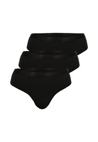Trois paires de culottes hipster noires en coton avec une ceinture lisse et des bords sans coutures, conçues pour le confort et une discrétion maximale.