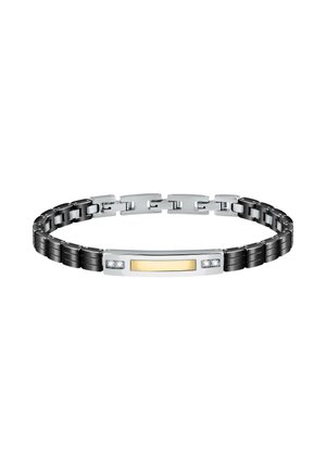 Bracciale metallico con anelli alternati neri e argentati, un accento centrale giallo e due pietre decorative trasparenti.
