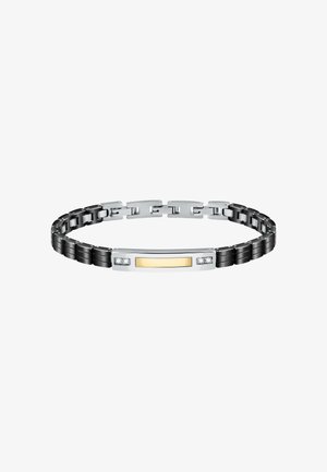 Bracciale metallico con anelli alternati neri e argentati, un accento centrale giallo e due pietre decorative trasparenti.