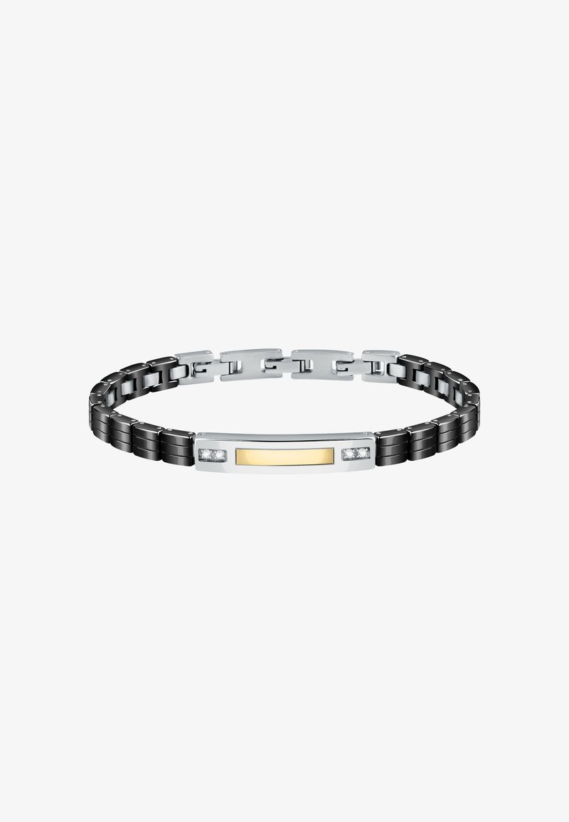 Bracciale metallico con anelli alternati neri e argentati, un accento centrale giallo e due pietre decorative trasparenti.