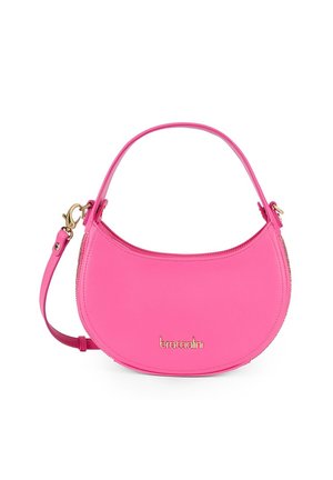 Borsa a mano in pelle rosa con una forma curva, accessori in oro e dettagli con zip. Presenta un manico corto e una tracolla lunga opzionale.