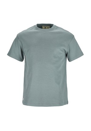 Short-sleeve t-shirt in light teal cotton. Round neck, straight cut, minimal design. Features a small logo tag at the hem.