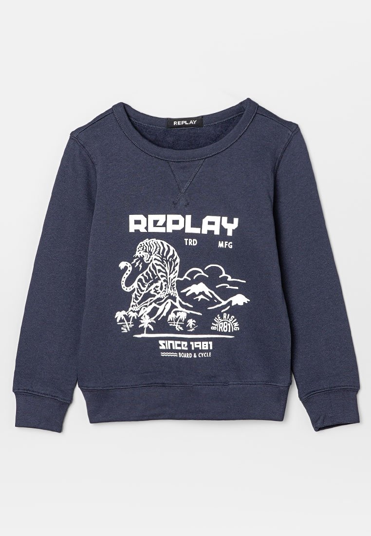 Marineblaue Sweatshirt mit weißem Grafikdruck eines Tigers auf Felsen, Bergen, Palmen und dem Text "REPLAY", "Seit 1981" und "Blue Rising 1981."