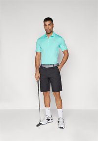 Svetlomodrá polokošeľa s golierom, sivý opasok, čierne kraťasy a biele tenisky s akcentmi. Golfová palica držená v pravej ruke.