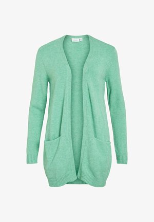 Cárdigan verde claro con mangas largas, abertura frontal y dos bolsillos delanteros. Los puños y el dobladillo acanalados añaden textura al suave material de punto.