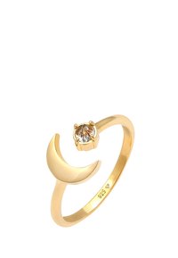 Goldplattierter Ring mit einem Design in Form eines Halbmonds und einem zentralen runden Edelstein mit braunen und grauen Einschlüssen, graviert mit "925."