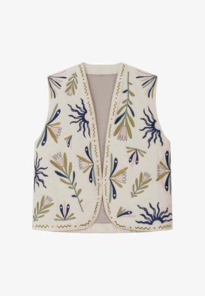 Kremowa kamizelka bez rękawów z otwartym przodem, ozdobiona wielokolorowymi abstrakcyjnymi motywami kwiatowymi i liściastymi w formie haftu.