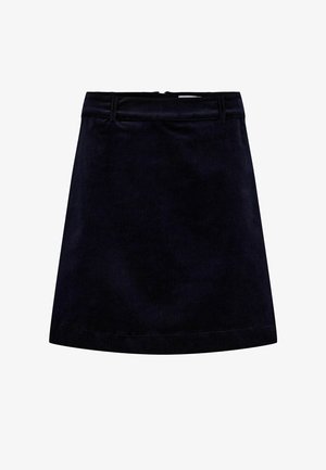 Black corduroy A-line skirt with belt loops and a hidden back zipper, displayed on a white background.