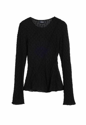 Zwart lang mouwtop met een gestructureerde, kantachtige afwerking; heeft een ronde halslijn en een uitlopende zoom, waardoor een peplum-silhouet ontstaat.