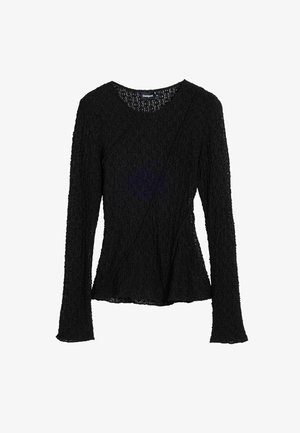 Černý top s dlouhým rukávem a texturovaným, krajkovým vzhledem; má kulatý výstřih a rozšířený lem, čímž vytváří peplum siluetu.