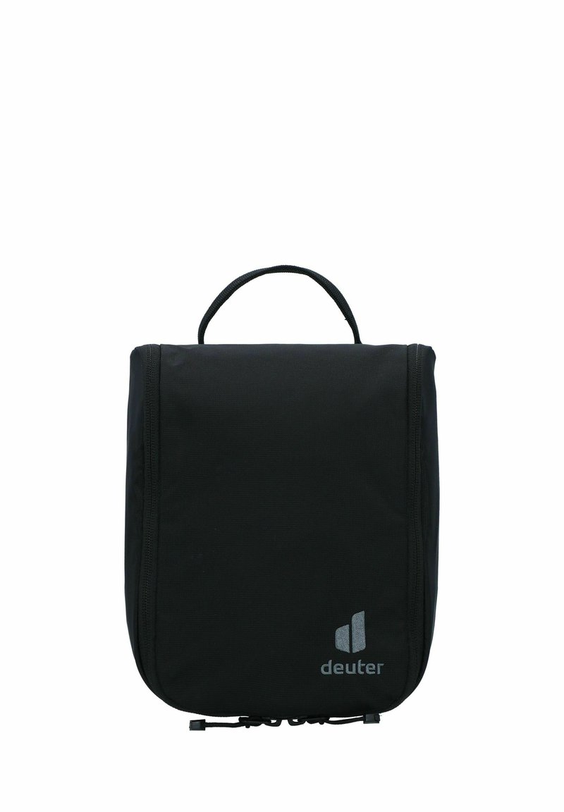 Bolsa organizadora de viaje negra con forma rectangular, textura de tela, asa superior, cierre de cremallera y un logo en plata en la parte inferior.