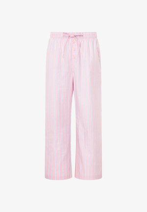 Roze pyjamabroek met witte en blauwe verticale strepen, elastische tailleband, drie knopen en een touwtje aan de voorkant.