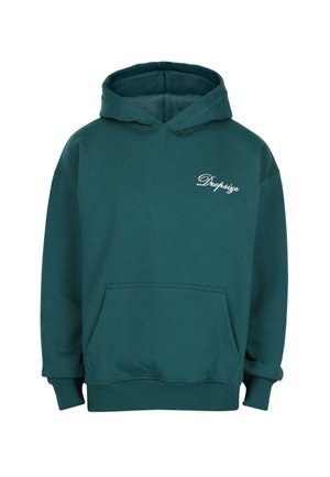 Turkusowy sweatshirt z kapturem, z kieszenią typu kangurka z przodu i białym, kursywą napisanym logo "DropSize" na lewej piersi.