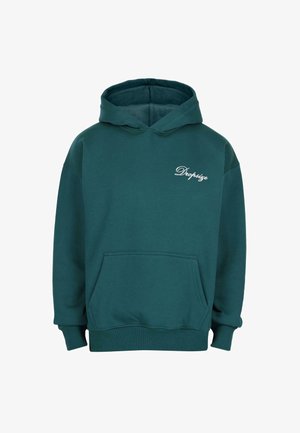 Teal värvi kapuutsiga sviiter, millel ees on känguru tasku ja vasakul rinnal valgest käekirjast "DropSize" logo.