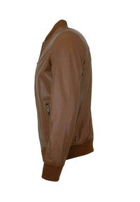 Braune Lederbomberjacke mit gerippten Bündchen und Saum, vorderer Reißverschluss-Tasche, glatter Textur und klassischer Silhouette.