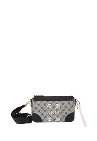 Black and gray patterned handbag with floral design, featuring a zipper closure, detachable strap, and a JOOP! logo on the front.