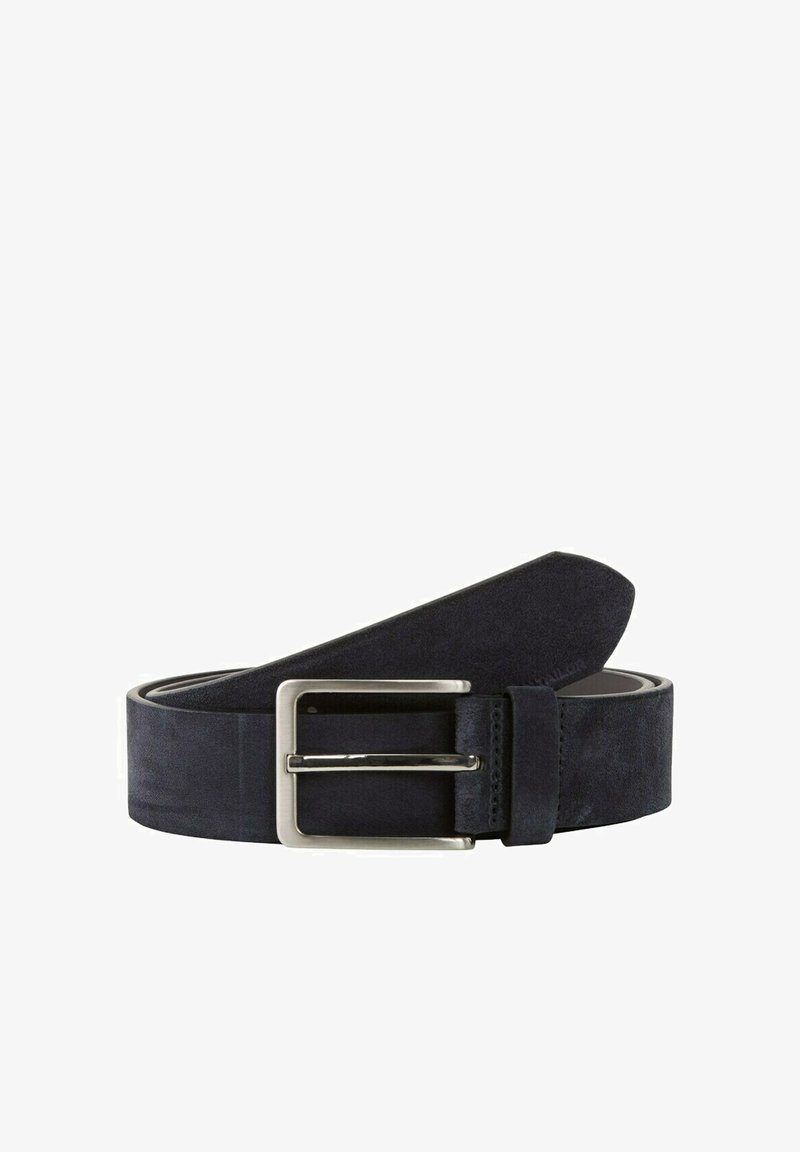 Narrow navy suede belt with a silver metal buckle; smooth texture with a subtle sheen; includes a rectangular buckle design.