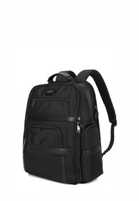 Zaino nero realizzato in nylon testurizzato, con molteplici scomparti con zip, spallacci imbottiti e una maniglia superiore per il trasporto.