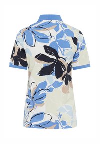 Polo fleuri avec un fond clair orné de fleurs bleues, noires et beiges. Manches courtes et col bleu clair. Matière en coton doux.