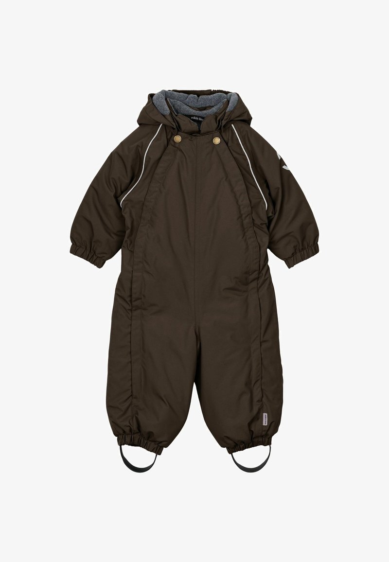 Brown insulated jumpsuit with a hood, elastic cuffs, and adjustable leg straps. Features white piping along the seams and a grey inner lining.