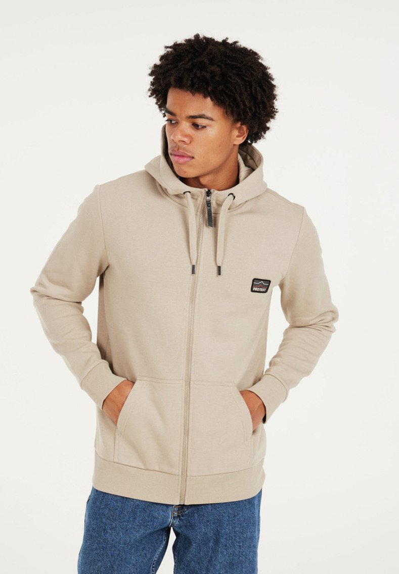 Beige Kapuzenjacke mit Reißverschluss, einer großen Fronttasche, Kordelzugkapuze und Logo-Patch. Aus weichem Stoff gefertigt, mit gerippten Bündchen und Saum.