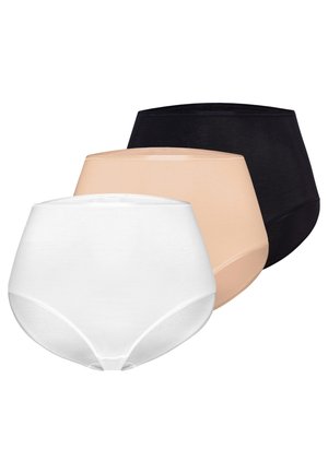 Trzy pary damskich majtek z wysokim stanem w kolorach białym, beżowym i czarnym, ułożone nakładające się na siebie na białym tle.