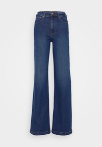 Kalhoty s širokými nohavicemi vyrobené z tmavě modrého denimu. Mají vysoký pas, design s pěti kapsami a decentní prošívání na švech.
